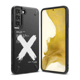 Galaxy S22 Case | Onyx Design - Black phone case with white X graphic and technical text, shown from back and front views.