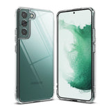 Galaxy S22 Case | Fusion - Clear protective phone case shown from front and back on a green Samsung Galaxy S22.