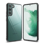 Galaxy S22 Case | Fusion - Clear protective case shown from front and back on a green Samsung Galaxy S22 smartphone.