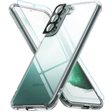 Galaxy S22 Plus Case Combo | Fusion Case + Screen Protector + Camera Protector - Galaxy S22 Plus Case Combo - Clear phone case, screen protector, and black camera lens cover arranged in an X-shape.