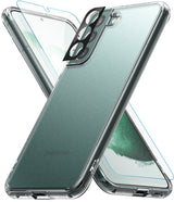 Galaxy S22 Plus Case Combo | Fusion Case + Screen Protector + Camera Protector - Galaxy S22 Plus Case Combo - Clear phone case, screen protector, and black camera lens cover arranged in an X-shape.