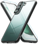 Galaxy S22 Plus Case Combo | Fusion Case + Screen Protector + Camera Protector - Galaxy S22 Plus Case Combo - Clear phone case, screen protector, and black camera lens cover floating around a green phone.