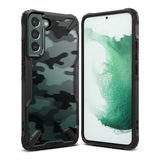 Galaxy S22 Plus Case | Fusion-X - Black rugged phone case with camo back and front view showing green screen display.