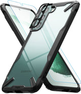Galaxy S22 Plus Case Combo | Fusion-X Case + Screen Protector + Camera Protector - Galaxy S22 Plus Case Combo - Clear phone case with black bumper, screen protector, and camera lens cover.