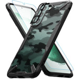 Galaxy S22 Plus Case Combo | Fusion-X Case + Screen Protector + Camera Protector - Galaxy S22 Plus Case Combo - Camouflage Fusion-X phone case with screen and camera protectors floating in an X-shape.
