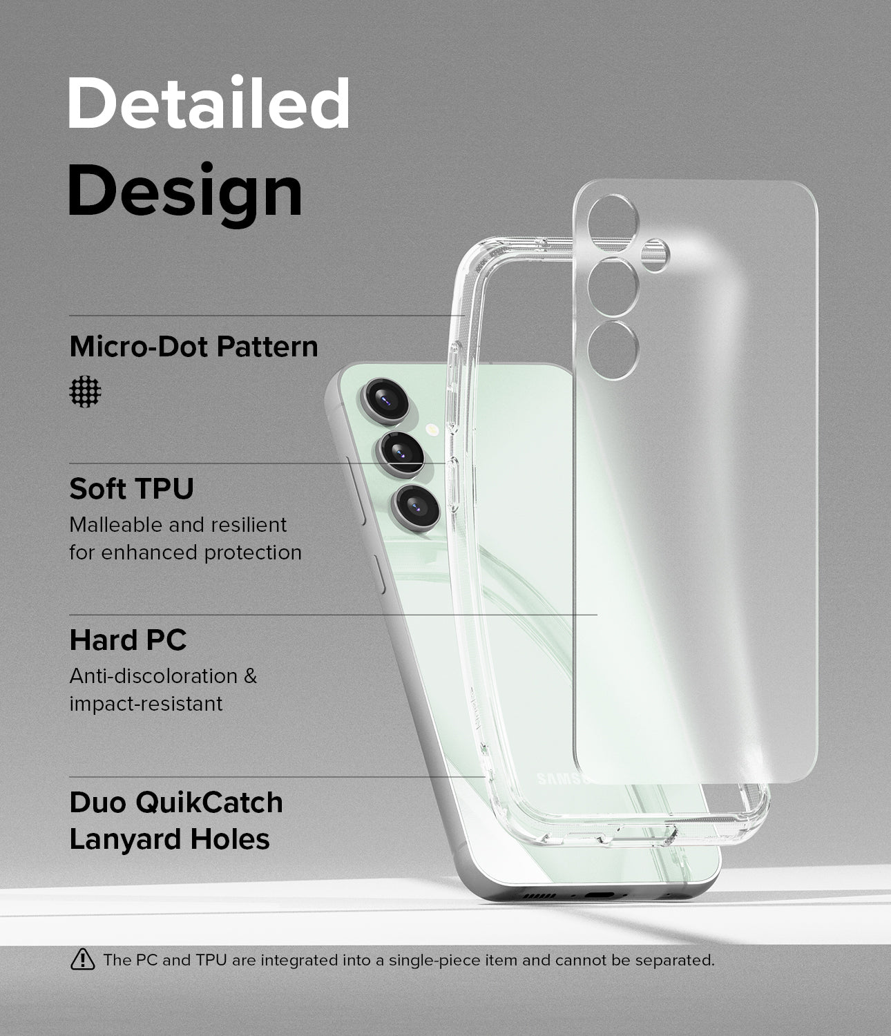 Galaxy S23 FE Case | Fusion-Matte Clear - Detailed Design. Micro-Dot Pattern. Malleable and resilient for enhanced protection with Soft TPU. Anti-discoloration and impact-resistant with Hard PC. Duo QuikCatch Lanyard Holes