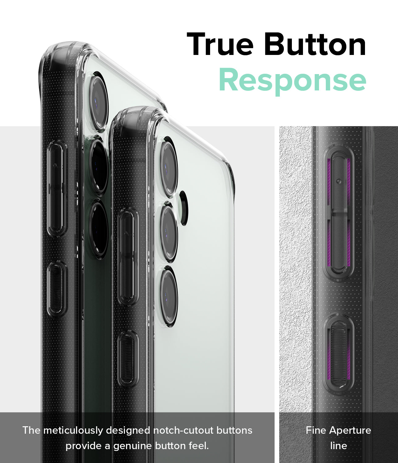 Galaxy S23 FE Case | Fusion-Smoke Black - True Button Response. The meticulously designed notch-cutout buttons provide a genuine button feel. Fine Aperture Line.