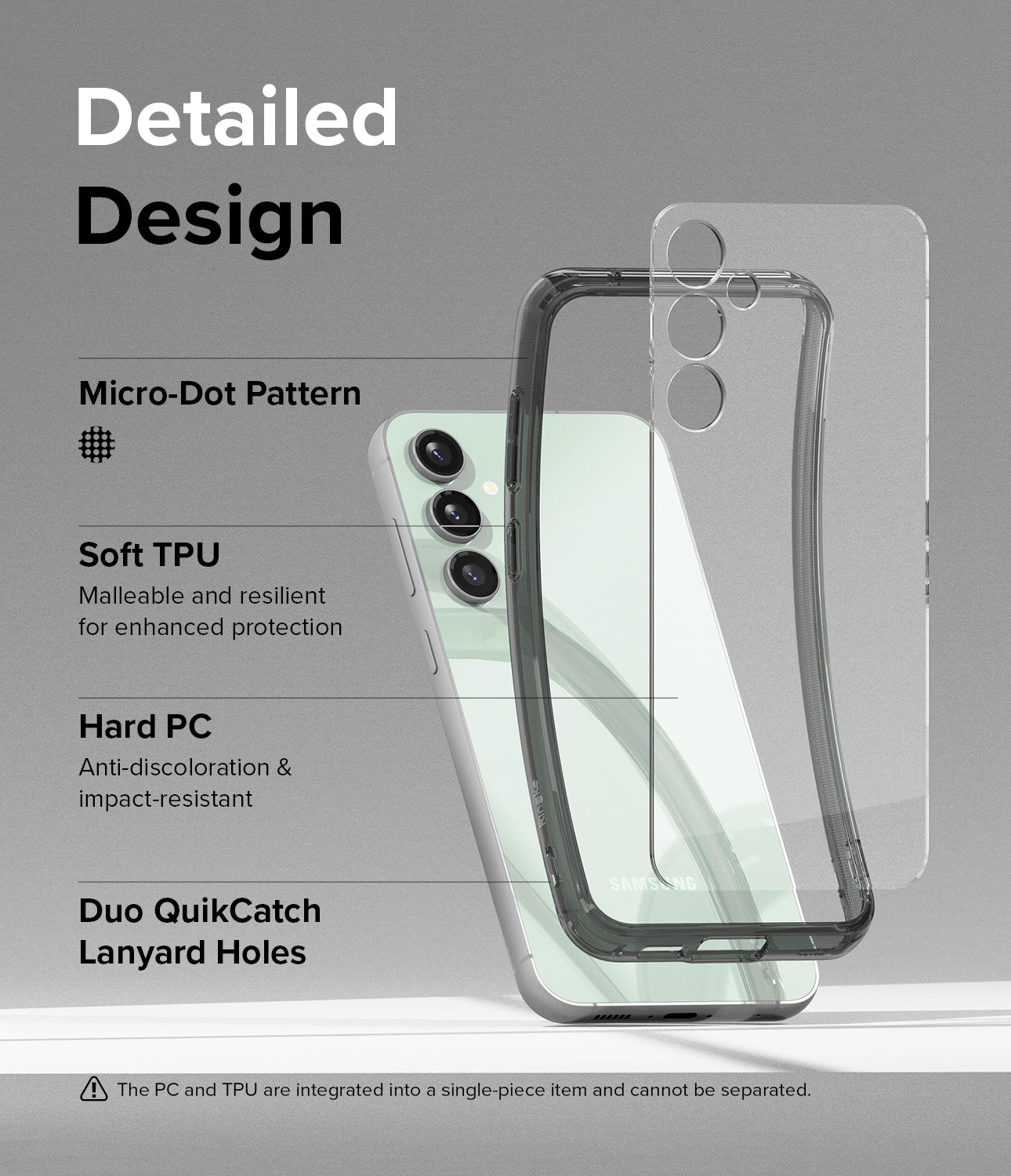 Galaxy S23 FE Case | Fusion-Smoke Black - Detailed Design. Micro-Dot Pattern. Malleable and resilient for enhanced protection with Soft TPU. Anti-discoloration and impact-resistant with Hard PC. Duo QuikCatch Lanyard Holes.
