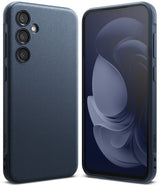 Galaxy S23 FE Case | Onyx - Navy blue textured phone case shown from back and front views with abstract screen wallpaper.