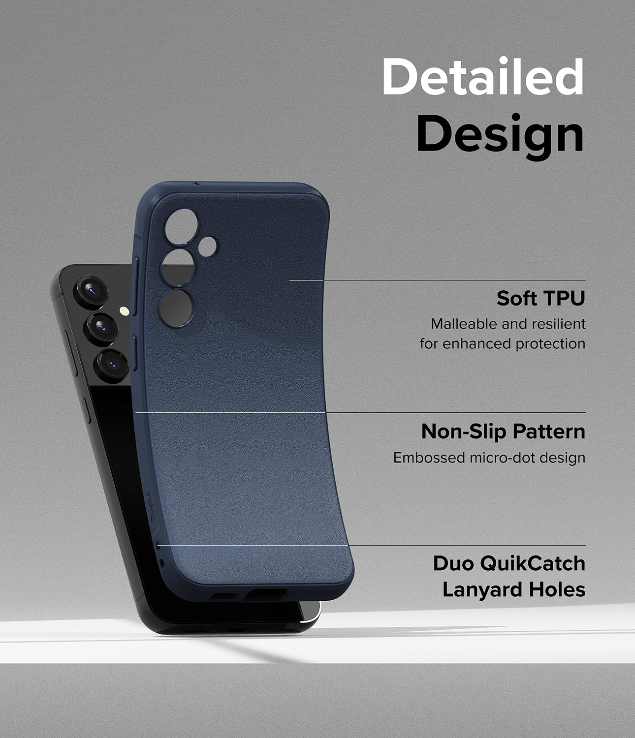Galaxy S23 FE Case | Onyx-Navy - Detailed Design. Malleable and resilient for enhanced protection with Soft TPU. Embossed micro-dot design with Non-Slip Pattern. Duo QuikCatch Lanyard Holes
