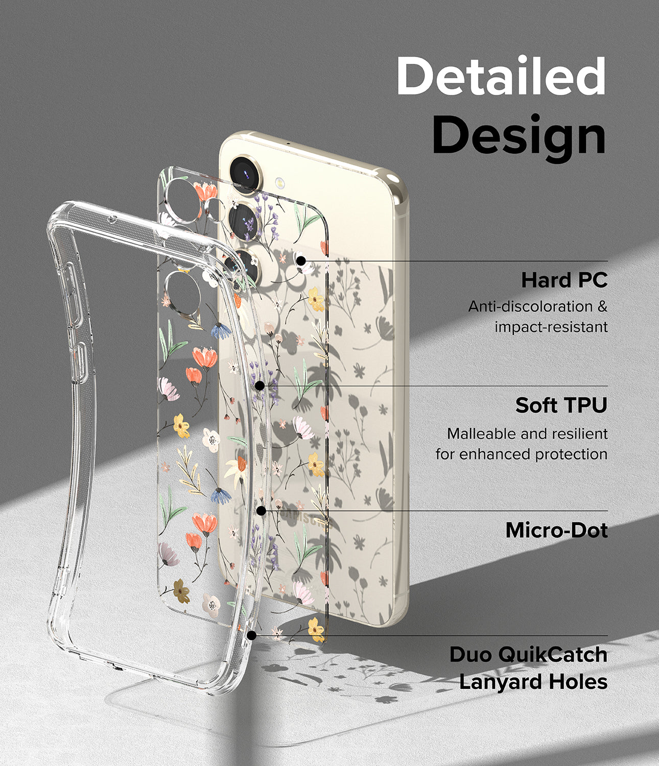 Galaxy S23 Plus Case | Fusion Design Dry Flowers - Detailed Design. Anti-discoloration with Hard PC. Malleable and resilient for enhanced protection with Soft TPU. Micro-Dot. Duo QuikCatch Lanyard Holes.