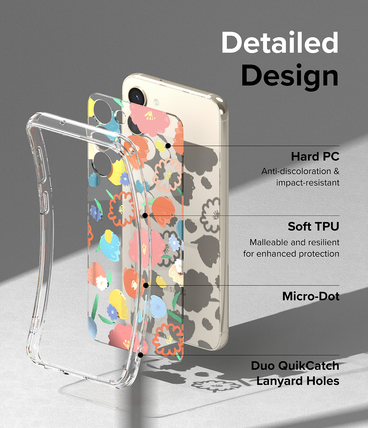 Galaxy S23 Plus Case | Fusion Design Floral - Detailed Design. Anti-discoloration and impact-resistant with Hard PC. Malleable and resilient for enhanced protection with Soft TPU. Micro-Dot. Duo QuikCatch Lanyard Holes.