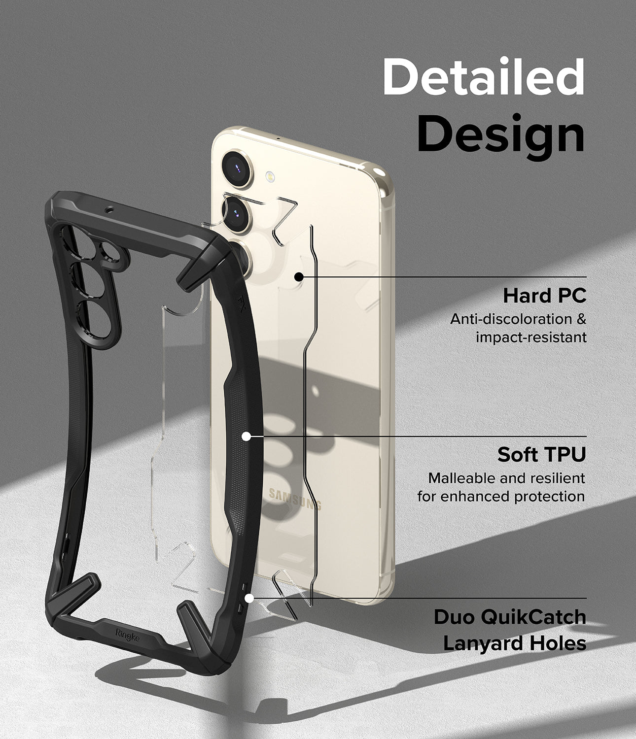 Galaxy S23 Plus Case | Fusion-X - Black - Detailed Design. Anti-discoloration and impact-resistant with Hard PC. Malleable and resilient for enhanced protection with Soft TPU. Duo QuikCatch Lanyard Holes.
