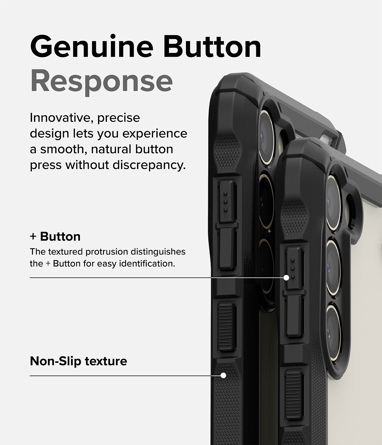 Galaxy S23 Plus Case | Fusion-X - Black - Genuine Button Response. Innovative, precise design lets you experience a smooth, natural button press without discrepancy. + Button. The textured protrusion distinguishes the + Button for easy identification. Non-Slip texture.