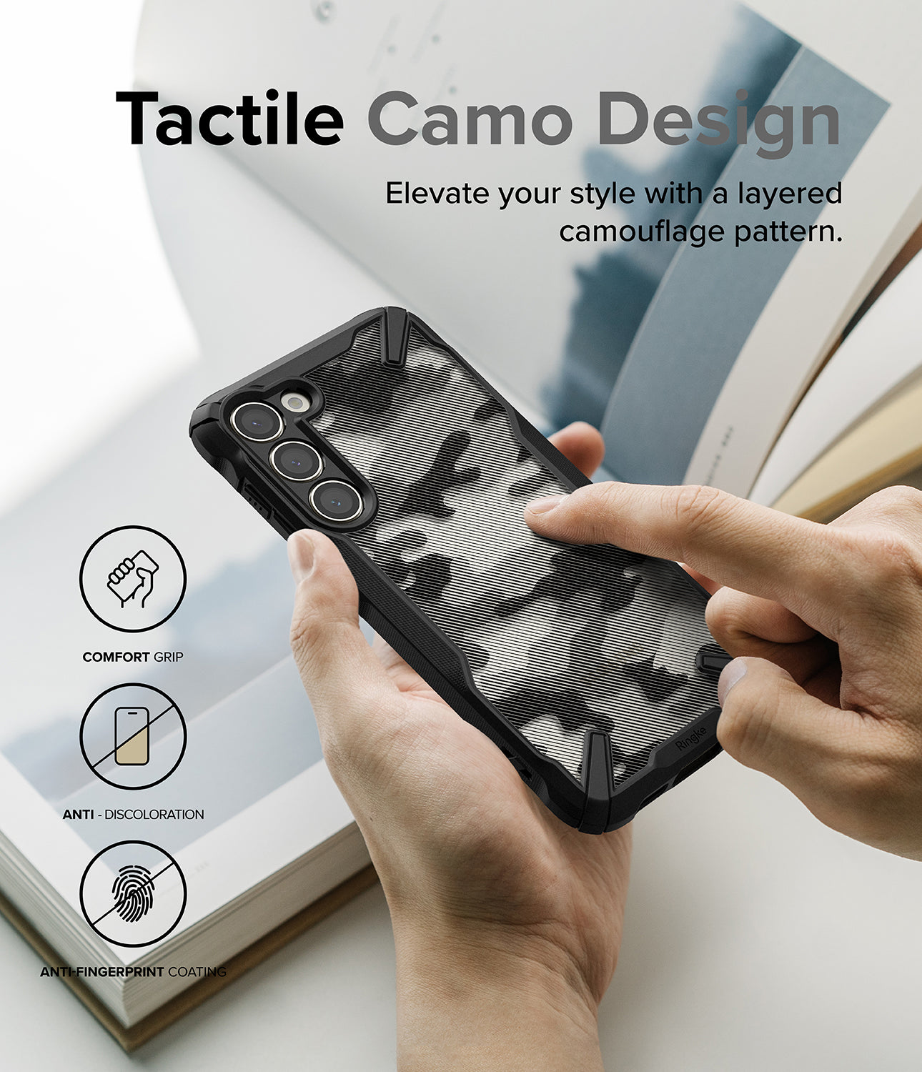 Galaxy S23 Plus Case | Fusion-X - Camo Black - Tactile Camo Design. Elevate your style with a layered camouflage pattern.