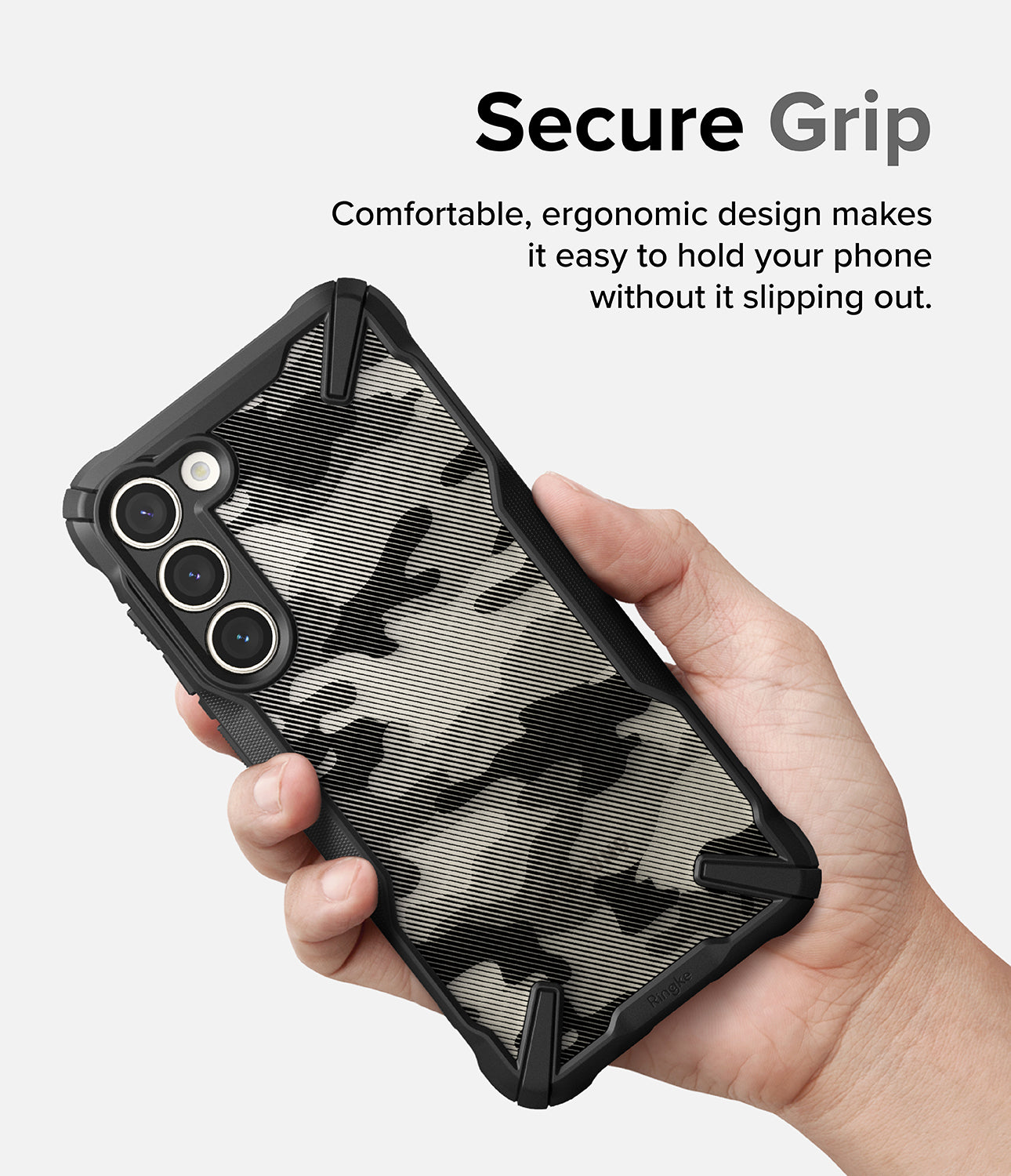 Galaxy S23 Plus Case | Fusion-X - Camo Black - Secure Grip. Comfortable, ergonomic design makes it easy to hold your phone without it slipping out.