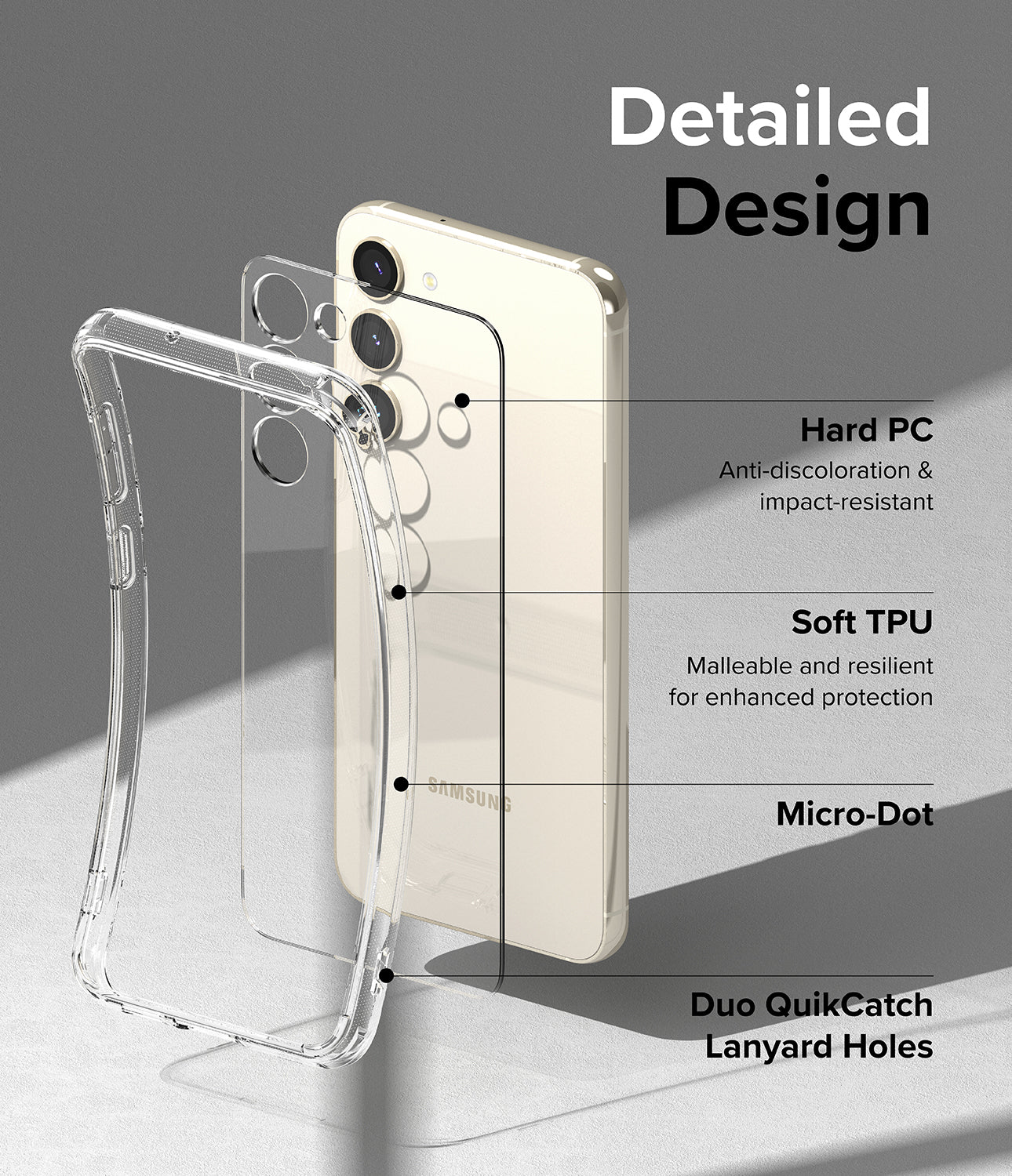 Galaxy S23 Plus Case | Fusion Clear - Detailed Design. Anti-discoloration and impact-resistant with Hard PC. Malleable and resilient for enhanced protection with Soft TPU. Micro-Dot. Duo QuikCatch Lanyard Holes.