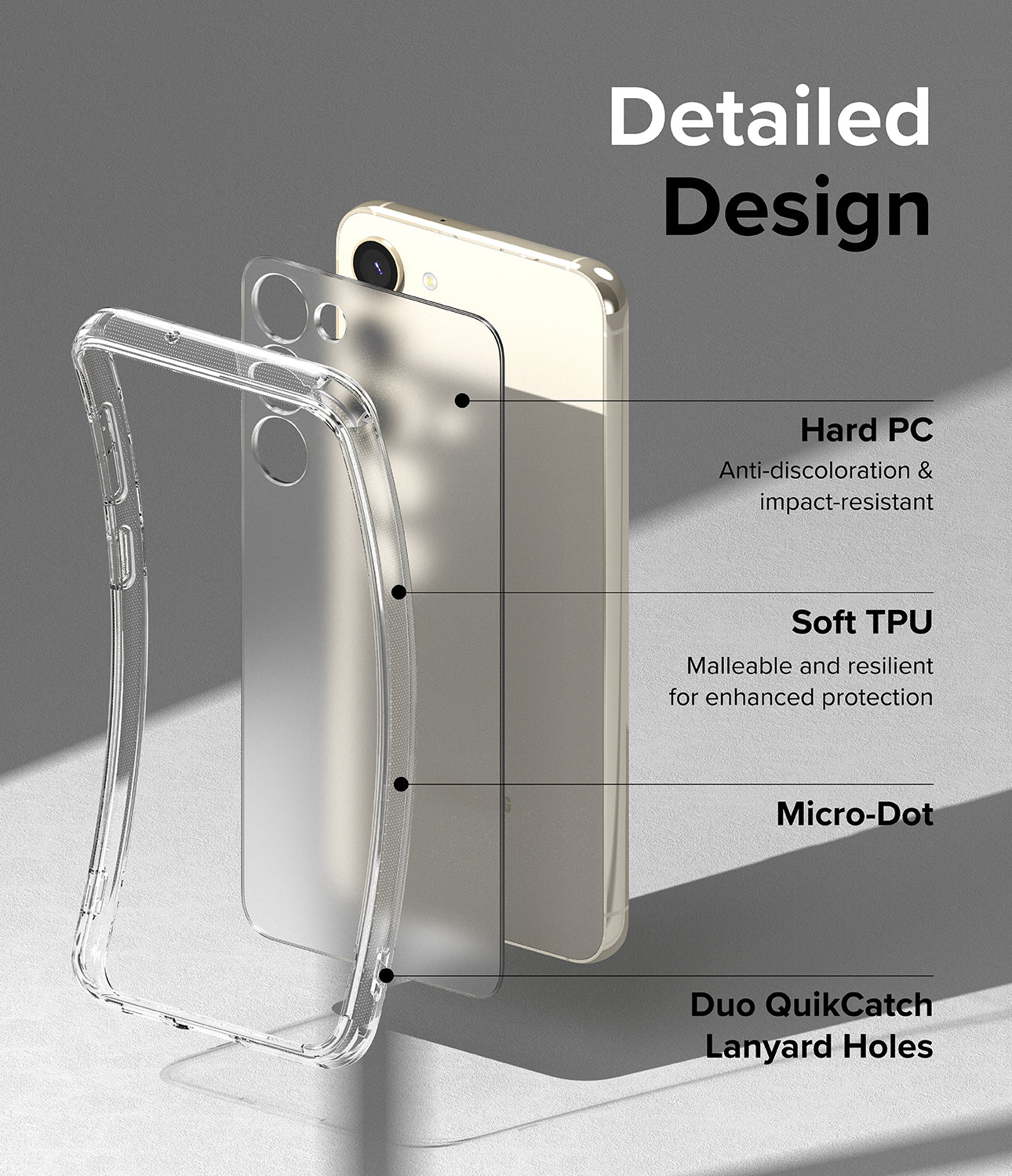 Galaxy S23 Plus Case | Fusion Matte Clear - Detailed Design. Anti-discoloration and impact-resistant with Hard PC. Malleable and resilient for enhanced protection with Soft TPU. Micro-Dot. Duo QuikCatch Lanyard Holes.