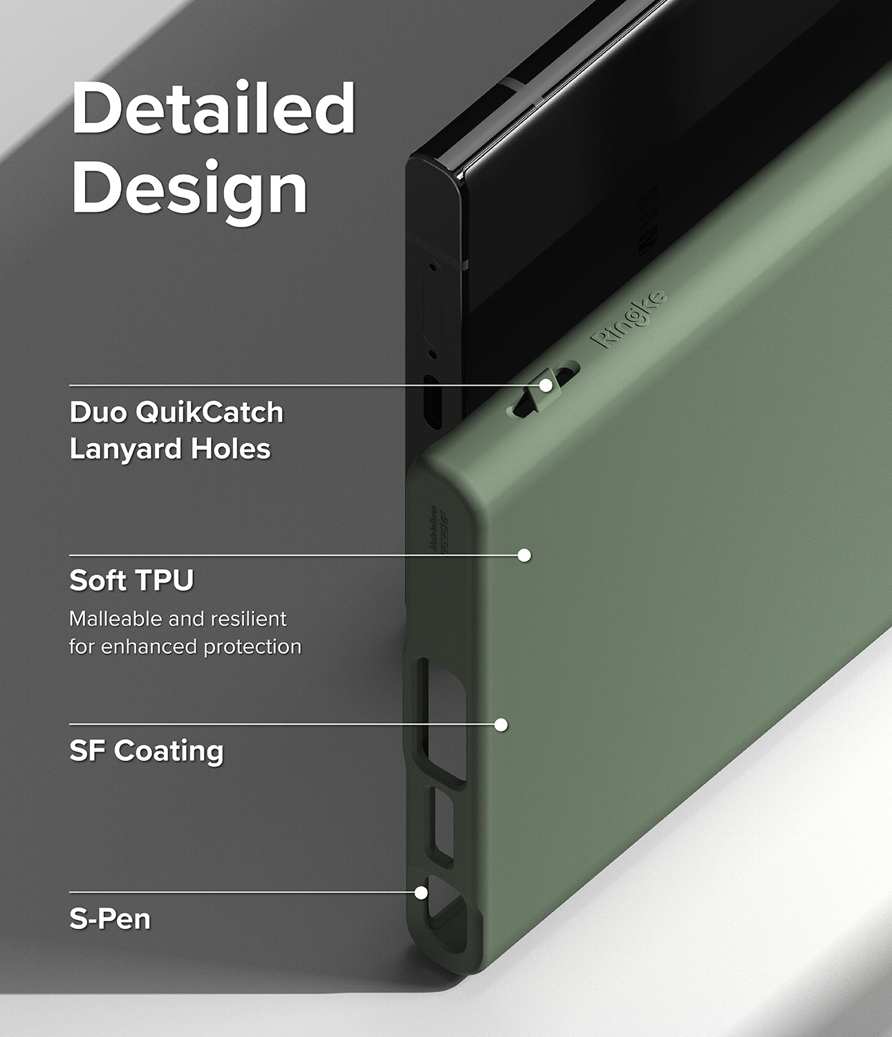 Galaxy S23 Ultra Case | Air-S Quite Green - Detailed Design. Duo QuikCatch Lanyard Holes. Malleable and resilient for enhanced protection with Soft TPU. SF Coating. S-Pen