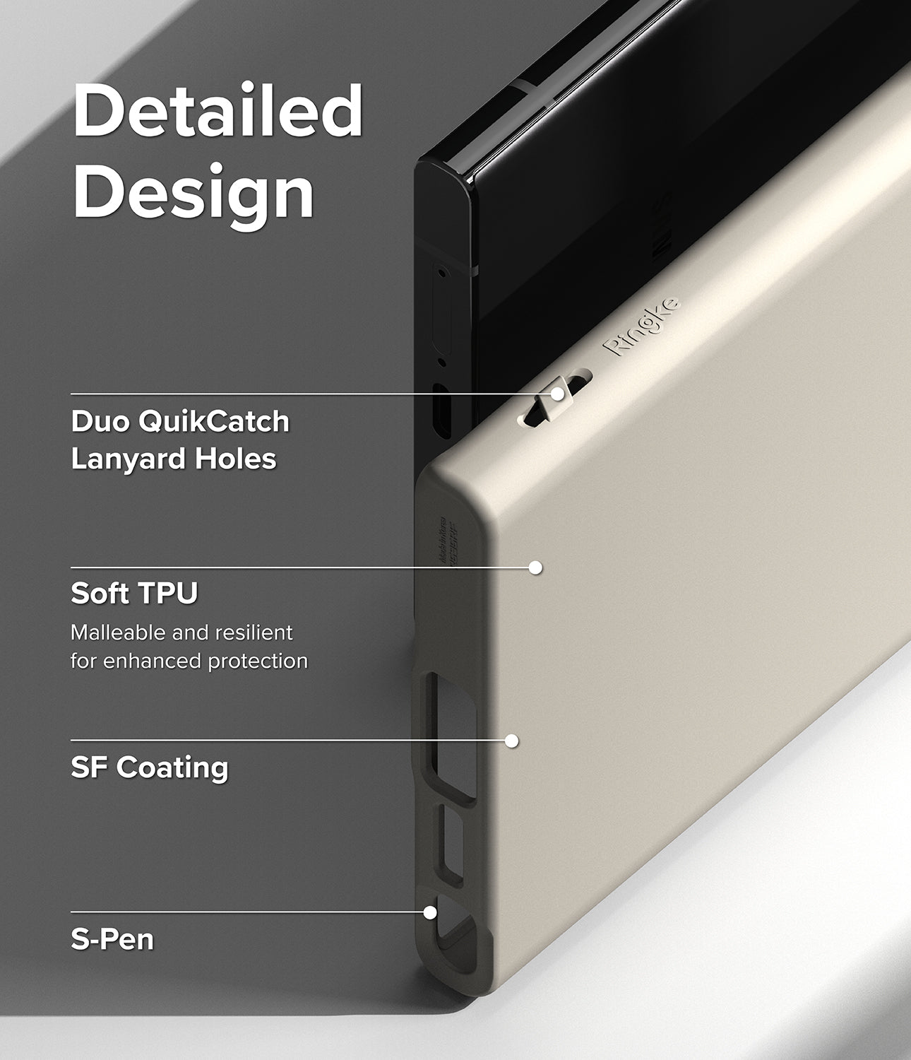 Galaxy S23 Ultra Case | Air-S Stone - Detailed Design. Duo QuikCatch Lanyard Holes. Malleable and resilient for enhanced protection with Soft TPU. SF Coating. S-Pen