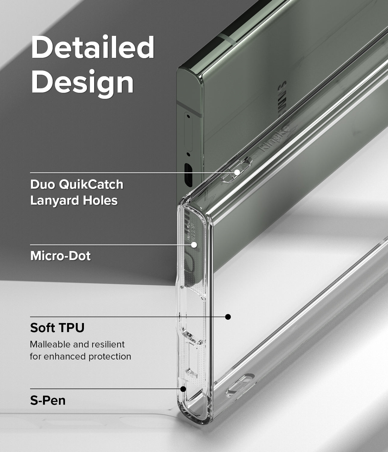 Galaxy S23 Ultra Case | Air Clear - Detailed Design. Duo QuikCatch Lanyard Holes. Micro-Dot. Malleable and resilient for enhanced protection with Soft TPU. S-Pen.