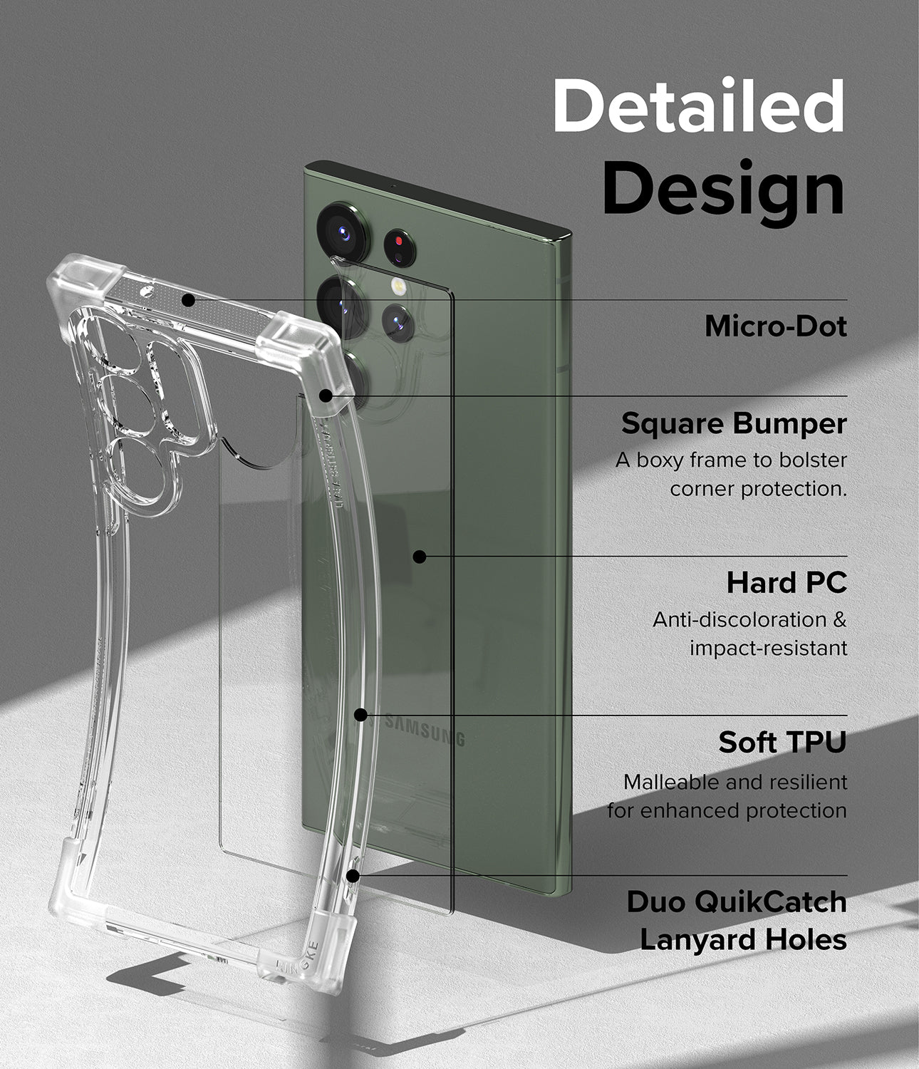 Galaxy S23 Ultra Case | Fusion Bumper - Clear - Detailed Design. Micro-Dot. A boxy frame to bolster corner protection with Square Bumper. Anti-discoloration and impact-resistant with Hard PC. Malleable and resilient for enhanced protection with soft TPU. Duo QuikCatch Lanyard Holes.