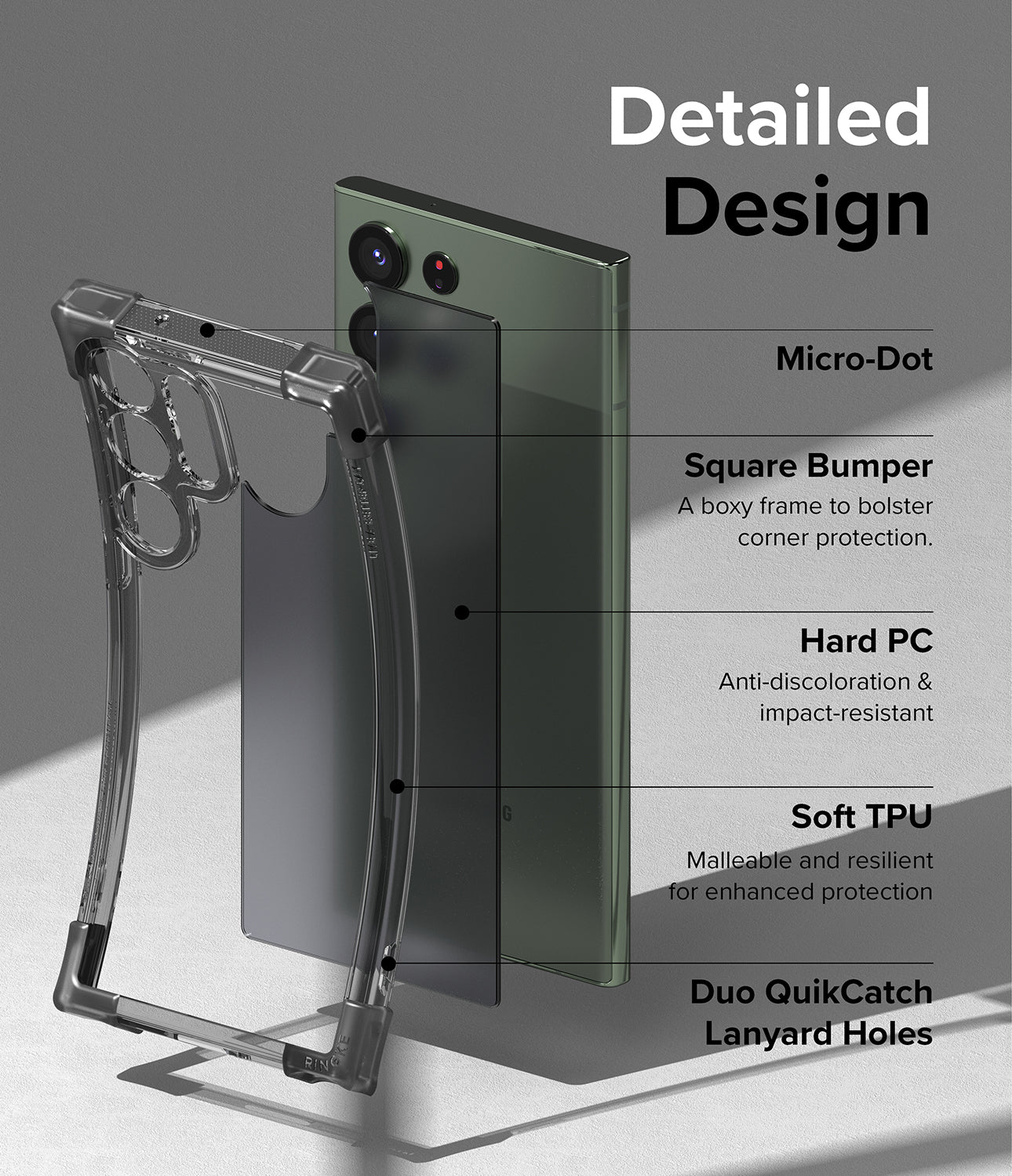Galaxy S23 Ultra Case | Fusion Bumper - Matte Smoke Black - Detailed Design. Micro-Dot. A boxy frame to bolster corner protection with Square Bumper. Anti-discoloration and impact-resistant with Hard PC. Malleable and resilient for enhanced protection. Duo QuikCatch Lanyard Holes.