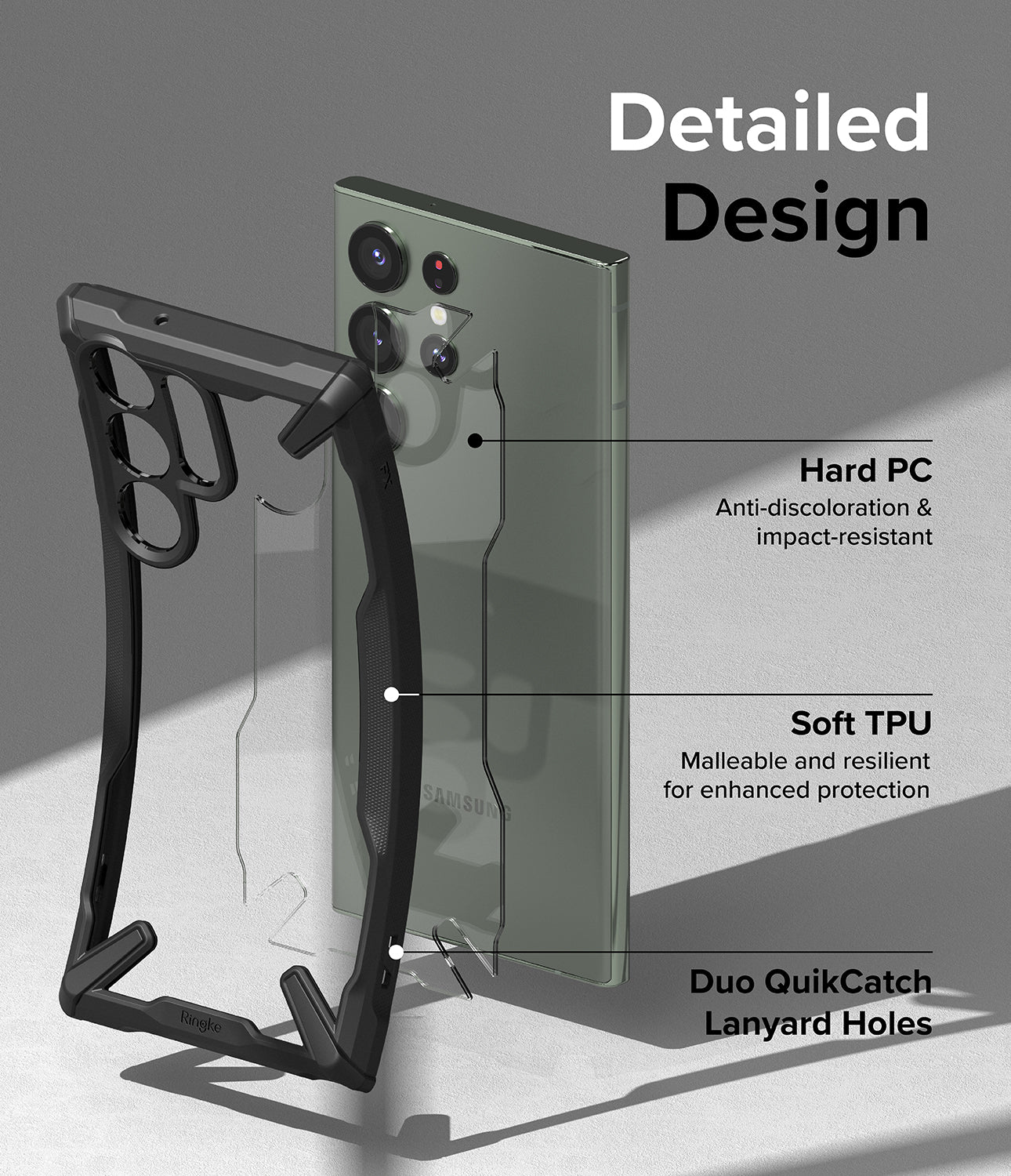 Galaxy S23 Ultra Case | Fusion-X - Black - Detailed Design. Anti-discoloration and impact-resistant with Hard PC. Malleable and resilient for enhanced protection with Soft TPU. Duo QuikCatch Lanyard Holes.