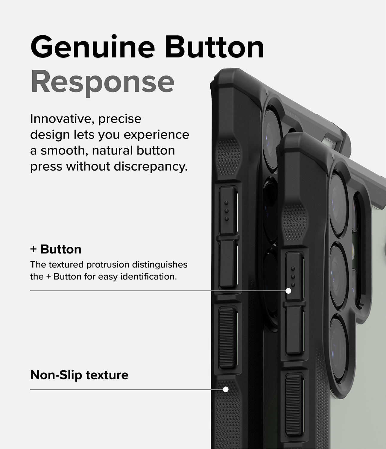 Galaxy S23 Ultra Case | Fusion-X - Black - Genuine Button Response. Innovative, precise design lets you experience a smooth, natural button press without discrepancy. + Button. The textured protrusion distinguishes the + Button for easy identification. Non-Slip Texture.