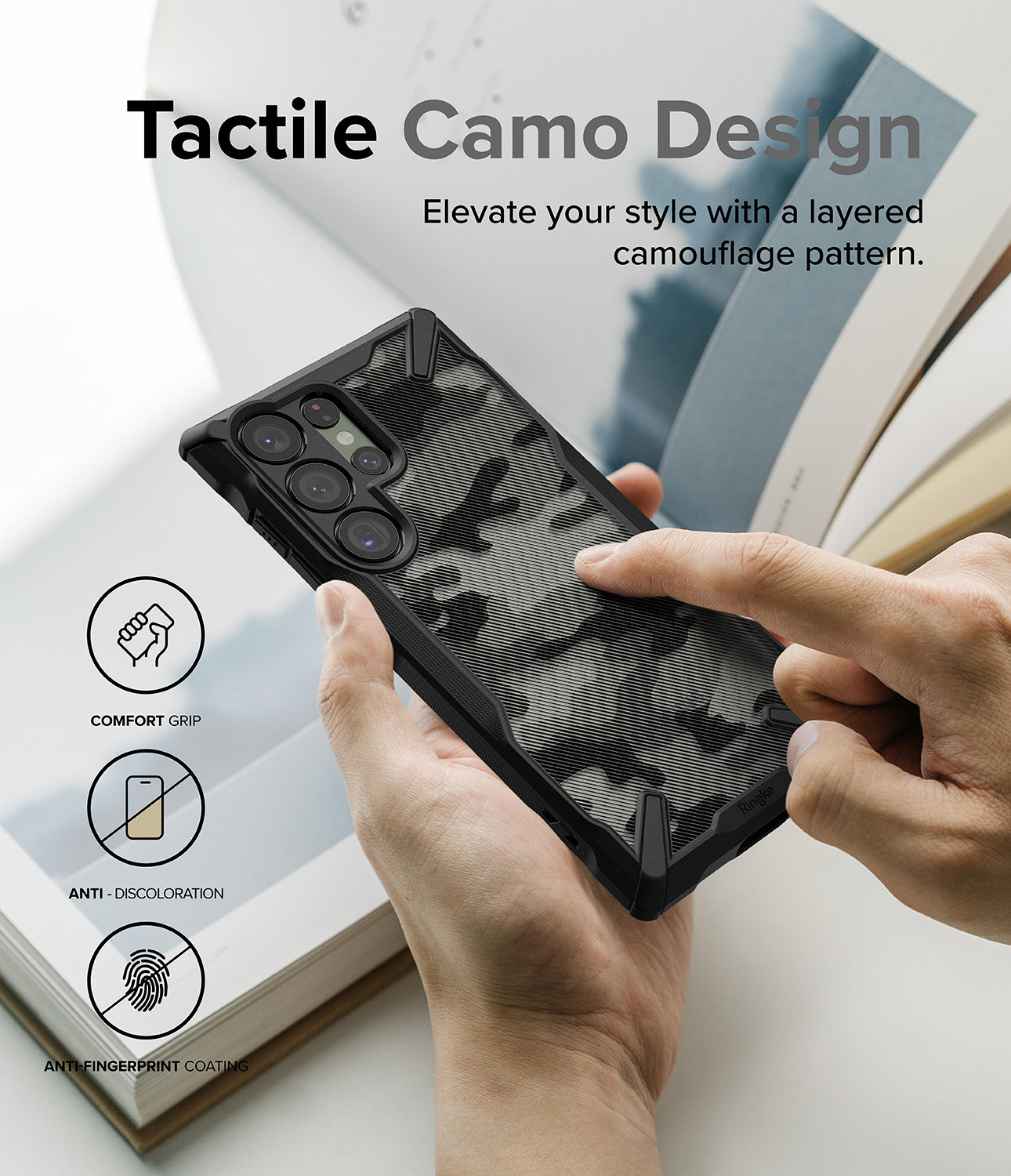Galaxy S23 Ultra Case | Fusion-X - Camo Black - Tactile Camo Design. Elevate your style with a layered camouflage pattern.