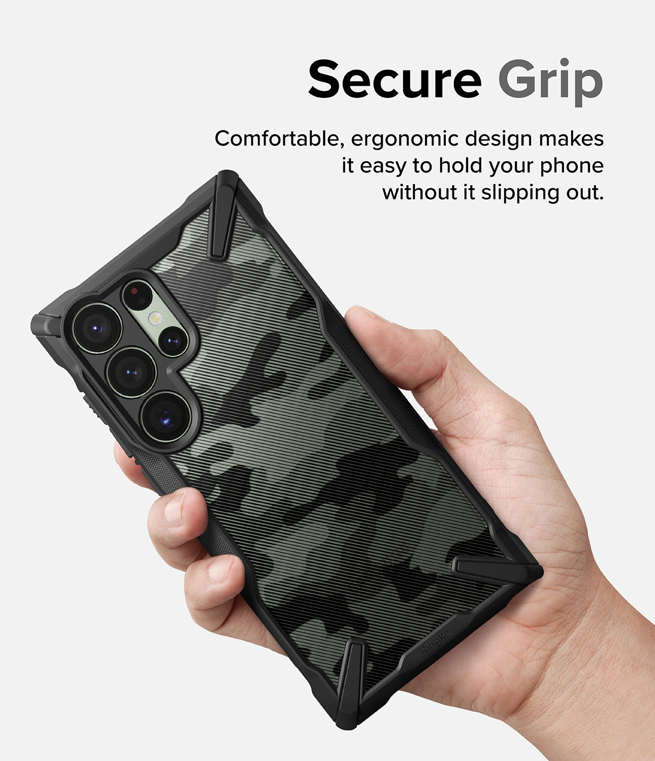 Galaxy S23 Ultra Case | Fusion-X - Camo Black - Secure Grip. Comfortable, ergonomic design makes it easy to hold your phone without it slipping out.