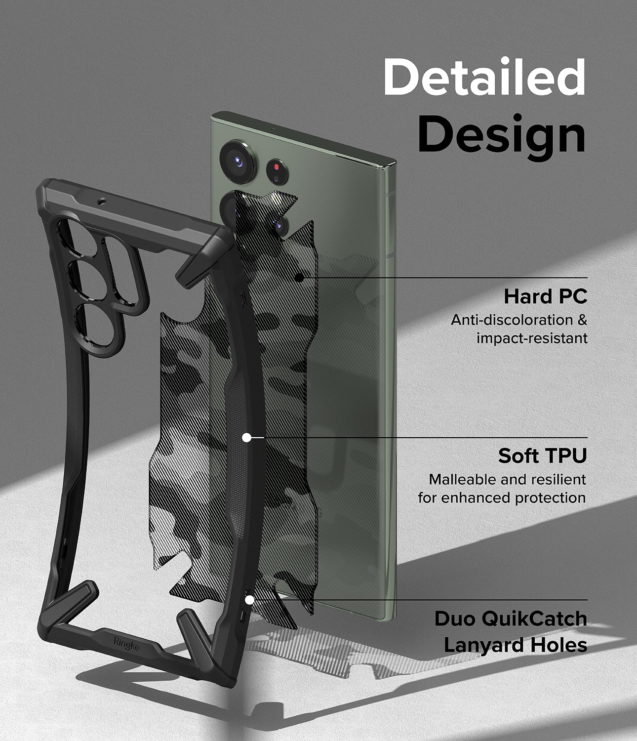 Galaxy S23 Ultra Case | Fusion-X - Camo Black - Detailed Design. Anti-discoloration and impact-resistant with Hard PC. Malleable and resilient for enhanced protection with Soft TPU. Duo QuikCatch Lanyard Holes.