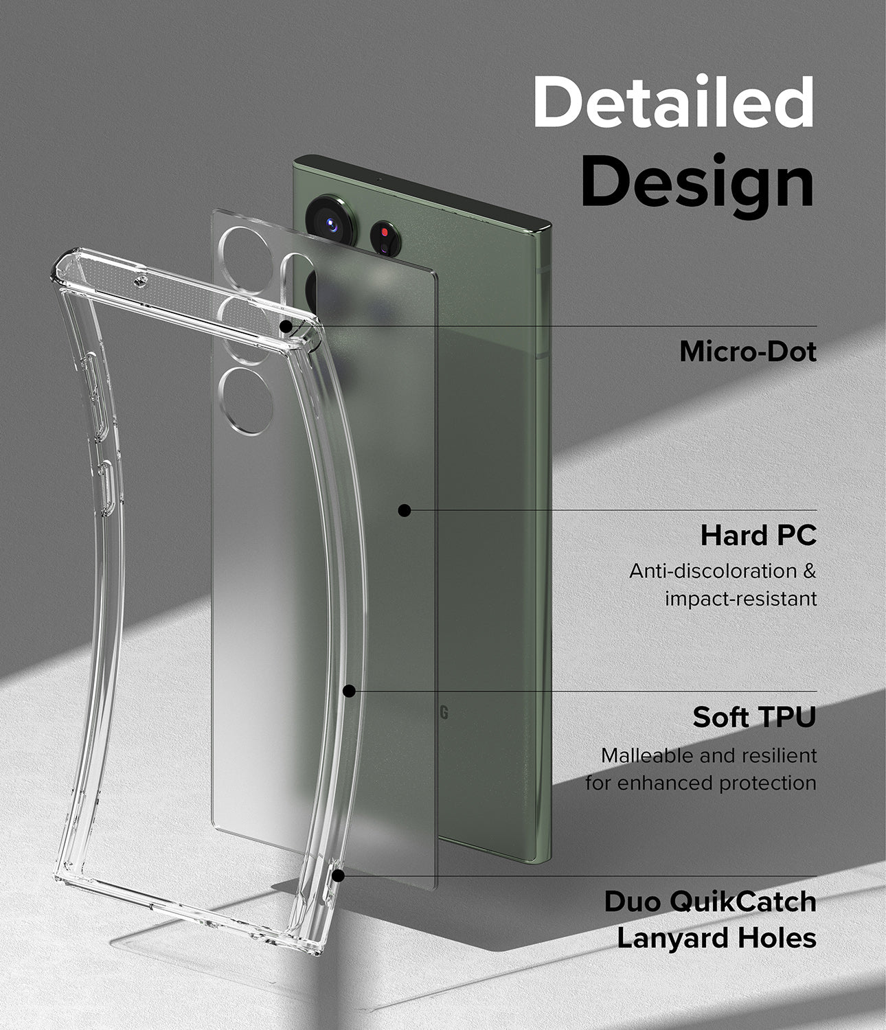 Galaxy S23 Ultra Case | Fusion - Matte Clear - Detailed Design. Micro-Dot. Anti-discoloration and impact-resistant with Hard PC. Malleable and resilient for enhanced protection with Soft TPU. Duo QuikCatch Lanyard Holes.