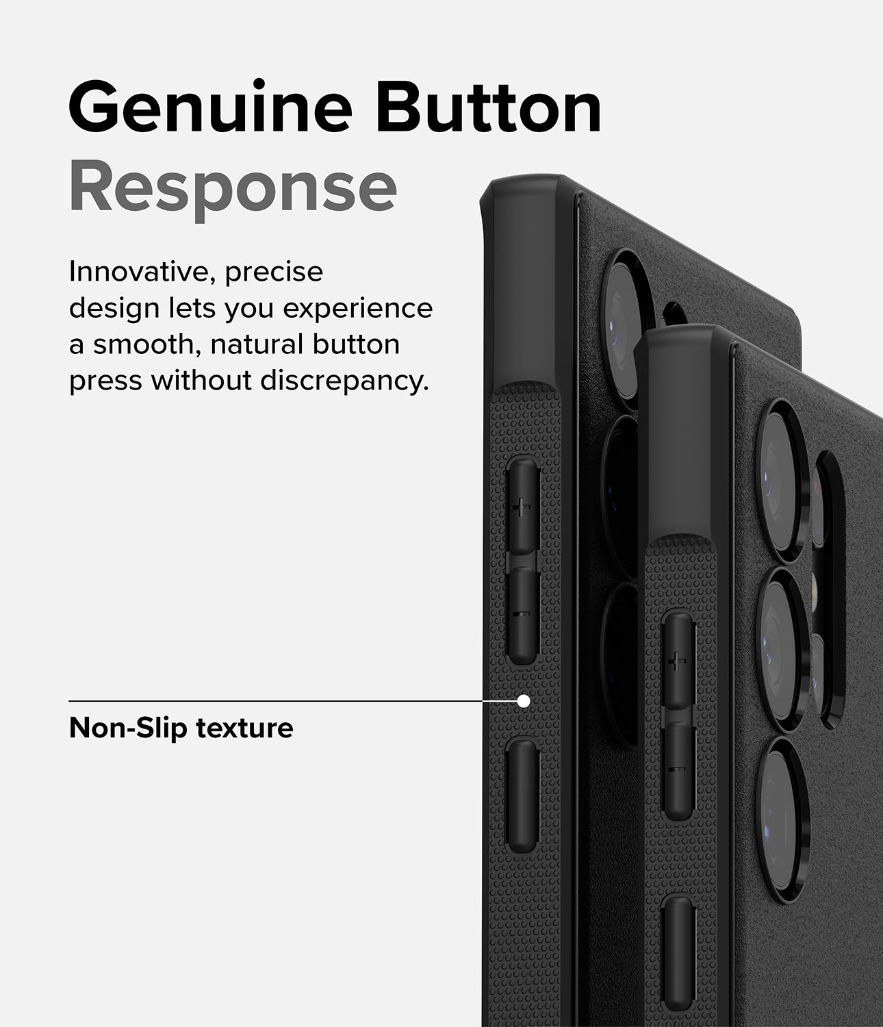 Galaxy S23 Ultra Case | Onyx - Black - Genuine Button Response. Innovative, precise design lets you experience a smooth, natural button press without discrepancy. Non-Slip texture.