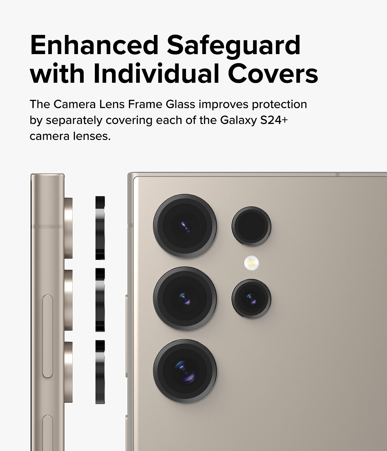 Bảo vệ ống kính Galaxy S24 Ultra | Kính khung ống kính máy ảnh - Bảo vệ nâng cao với các nắp riêng lẻ. Kính khung ống kính máy ảnh cải thiện khả năng bảo vệ bằng cách che riêng từng ống kính máy ảnh Galaxy S24+.