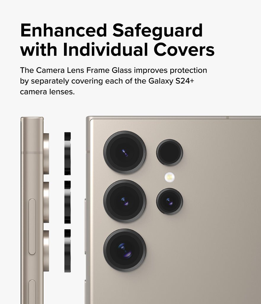 Galaxy S24 Ultra Lens Protector | Camera Lens Frame Glass - Enhanced Safeguard with Individual Covers. The Camera Lens Frame Glass improves protection by separately covering each of the Galaxy S24+ camera lenses.