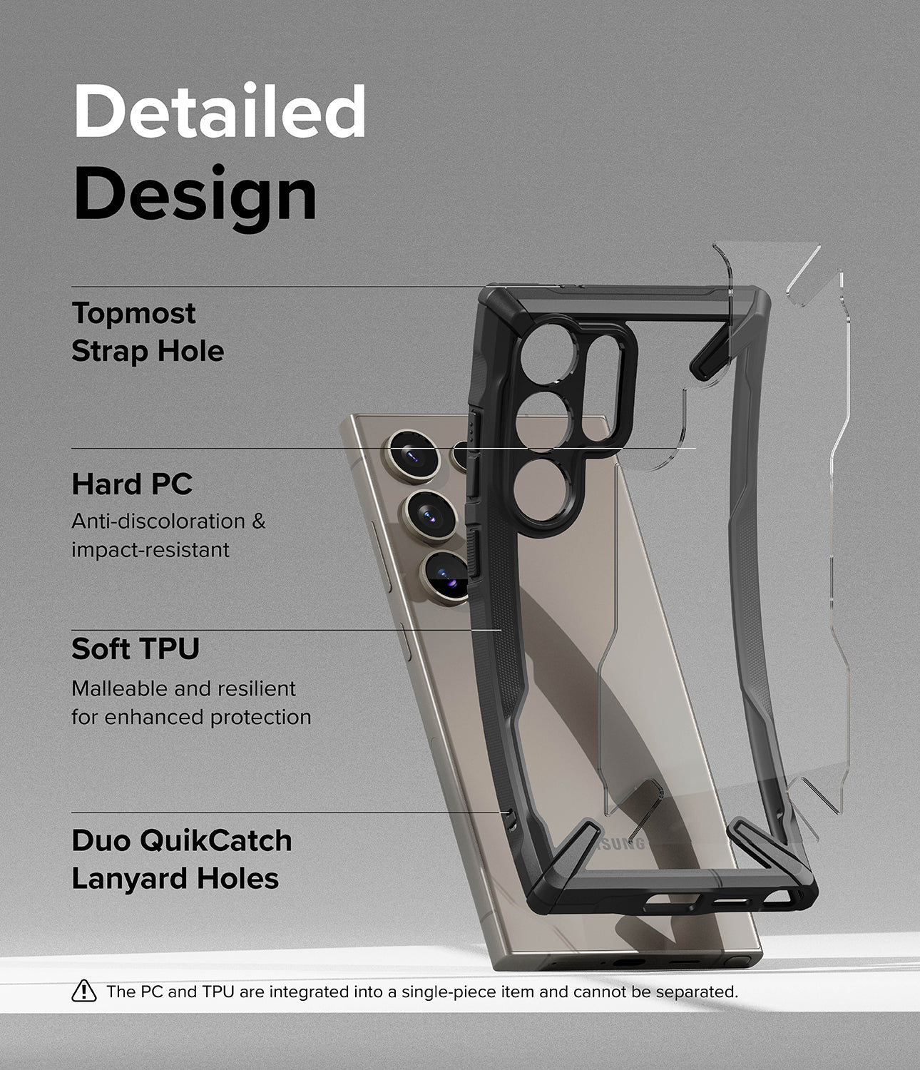 Galaxy S24 Ultra Case | Fusion-X - Black - Detailed Design. Topmost Strap Hole. Anti-discoloration and impact-resistant with Hard PC. Malleable and resilient for enhanced protection with Soft TPU. Duo QuikCatch Lanyard Holes.