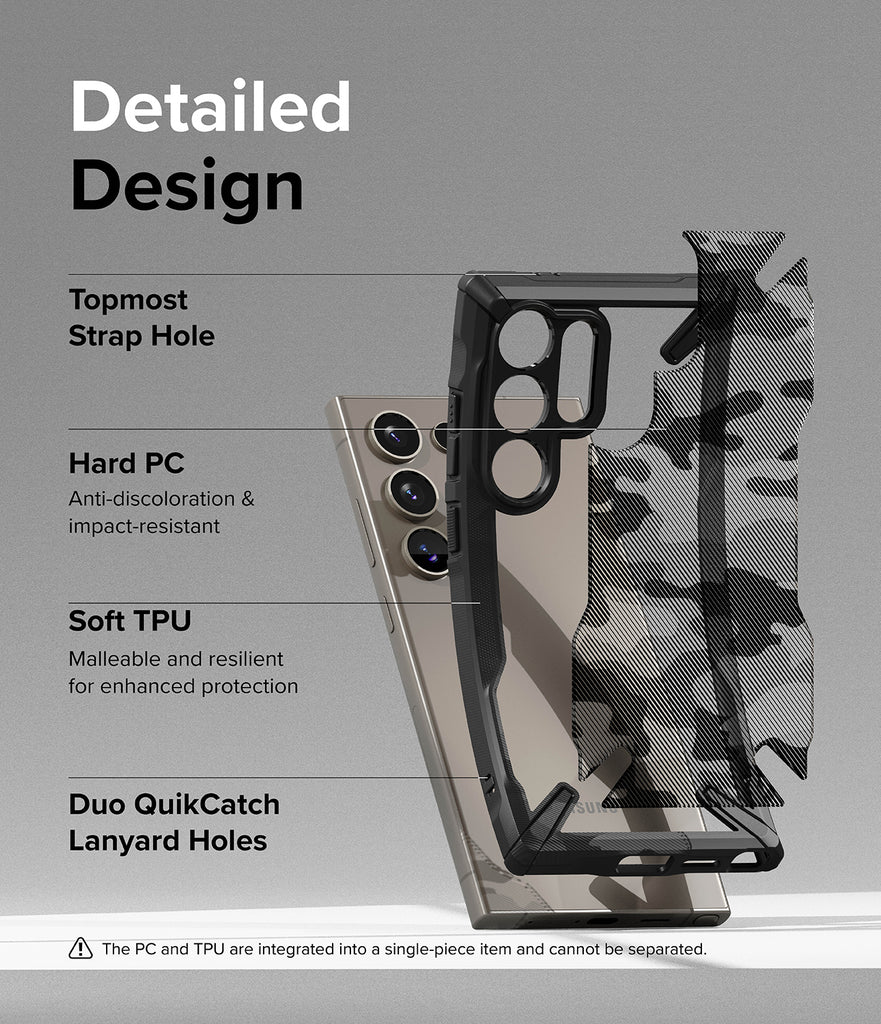 Galaxy S24 Ultra Case | Fusion-X - Detailed Design. Topmost Strap Hole. Anti-discoloration and impact-resistant with Hard PC. Malleable and resilient for enhanced protection with Soft TPU. Duo QuikCatch Lanyard Holes