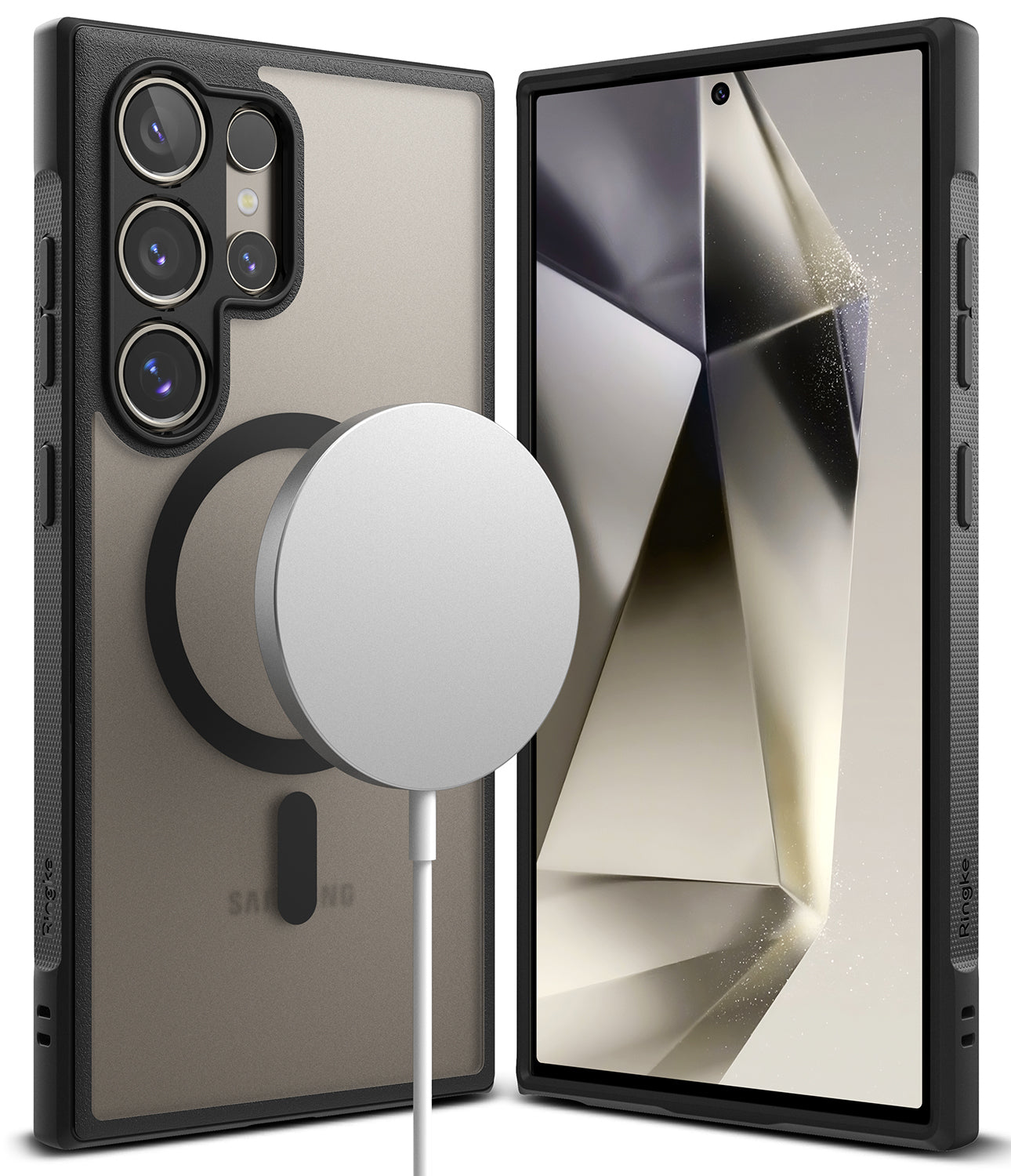 Galaxy S24 Ultra Case | Fusion Bold Magnetic Matte - Magnetic charger hovering over a matte black phone case.