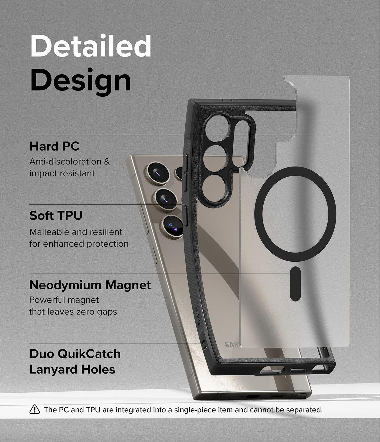 Galaxy S24 Ultra Case | Fusion Bold Magnetic Matte - Detailed Design. Anti-discoloration and impact-resistant with Hard PC. Malleable and resilient for enhanced protection with Soft TPU. Powerful neodymium magnet that leaves zero gaps. Duo QuikCatch Lanyard Holes.