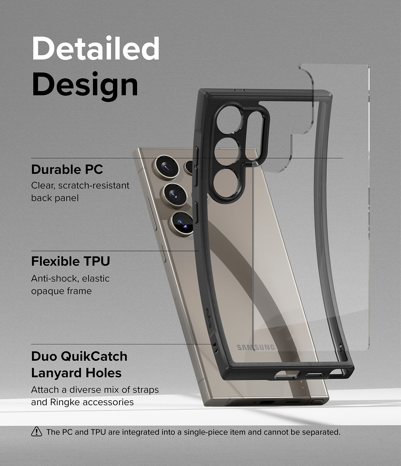 Galaxy S24 Ultra Case | Fusion Bold - Detailed Design. Clear, scratch-resistant back-panel with durable PC. Anti-shock, elastic opaque frame with flexible TPU. Duo QuikCatch Lanyard Holes to attach a diverse mix of straps and Ringke accessories.