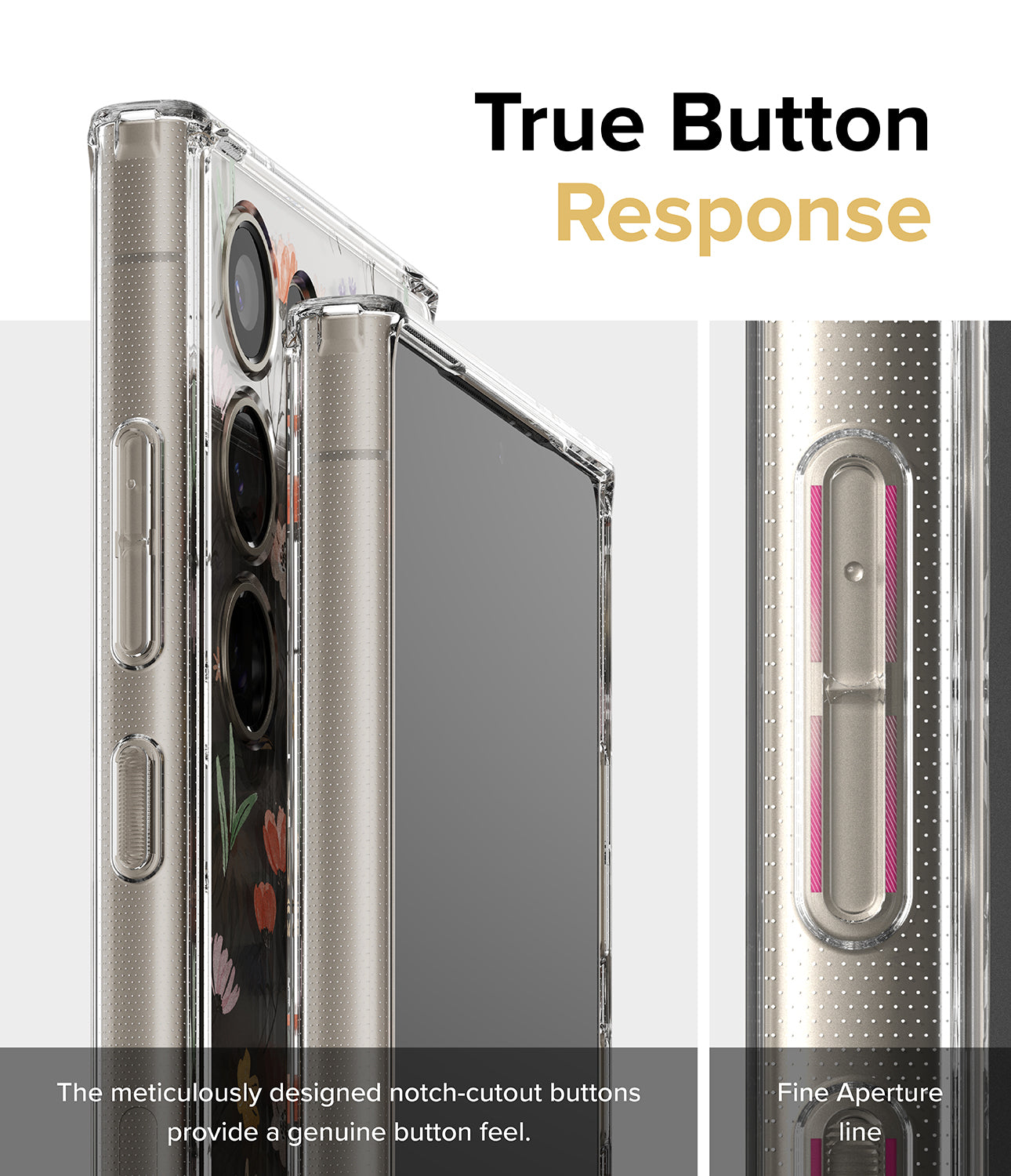 Galaxy S24 Ultra Case | Fusion Design - True Button Response. The meticulously designed notch-cutout buttons provide a genuine button feel. Fine Aperture Line.