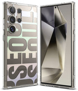 Galaxy S24 Ultra Case | Fusion Design - Clear phone case with iridescent "SEOUL" text on a Galaxy S24 Ultra among glass orbs.
