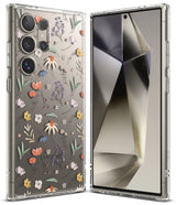 Galaxy S24 Ultra Case | Fusion Design - Clear phone case with delicate floral print on a Galaxy S24 Ultra amidst glass orbs.
