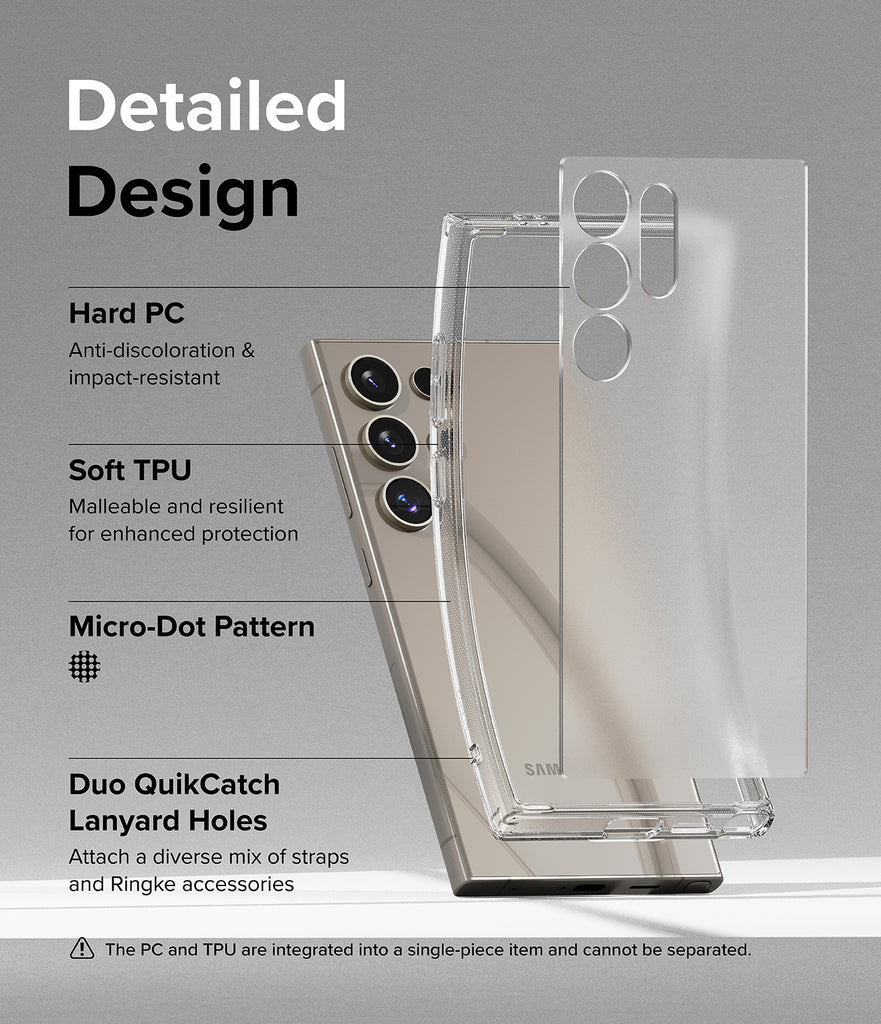 Galaxy S24 Ultra Case | Fusion Matte - Detailed Design. Anti-discoloration and impact-resistant with Hard PC. Malleable and resilient for enhanced protection with Soft TPU. Micro-Dot Pattern. Duo QuikCatch Lanyard Holes