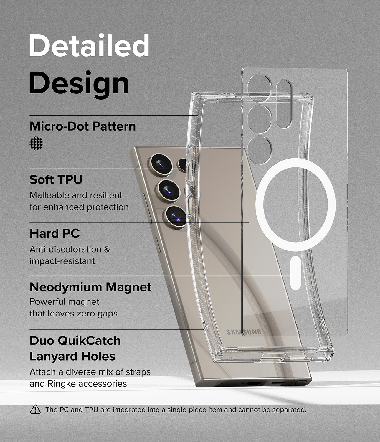 Galaxy S24 Ultra Case | Fusion Magnetic - Detailed Design. Micro-Dot Pattern. Malleable and resilient for enhanced protection with Soft TPU. Anti-discoloration and impact-resistant Hard PC. Powerful magnet that leaves zero gaps with neodymium magnet. Duo QuikCatch Lanyard Holes to attach a diverse mix of straps and Ringke accessories.