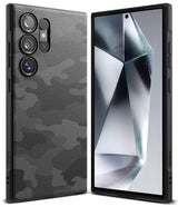 Galaxy S24 Ultra Case | Onyx Design - Four black phone cases with unique graphic prints floating above white steps.