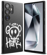 Galaxy S24 Ultra Case | Onyx Design - Four black phone cases with unique graphic prints floating above white steps.