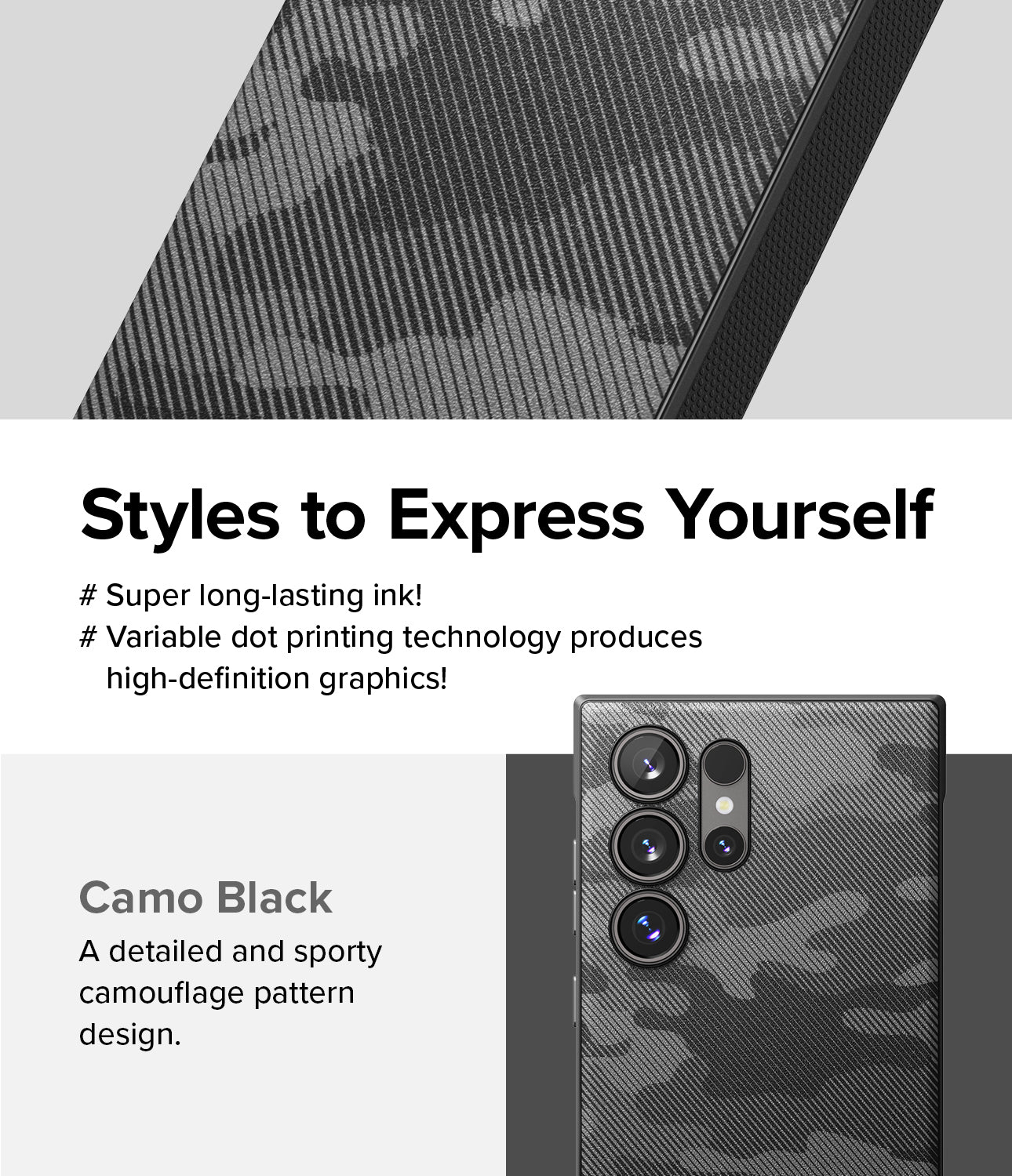 Galaxy S24 Ultra Case | Onyx Design - Styles to Express Yourself. Camo Black. A detailed and sporty camouflage pattern design.