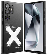 Galaxy S24 Ultra Case | Onyx Design - Four Galaxy S24 Ultra phones with unique black graphic cases floating above white steps.